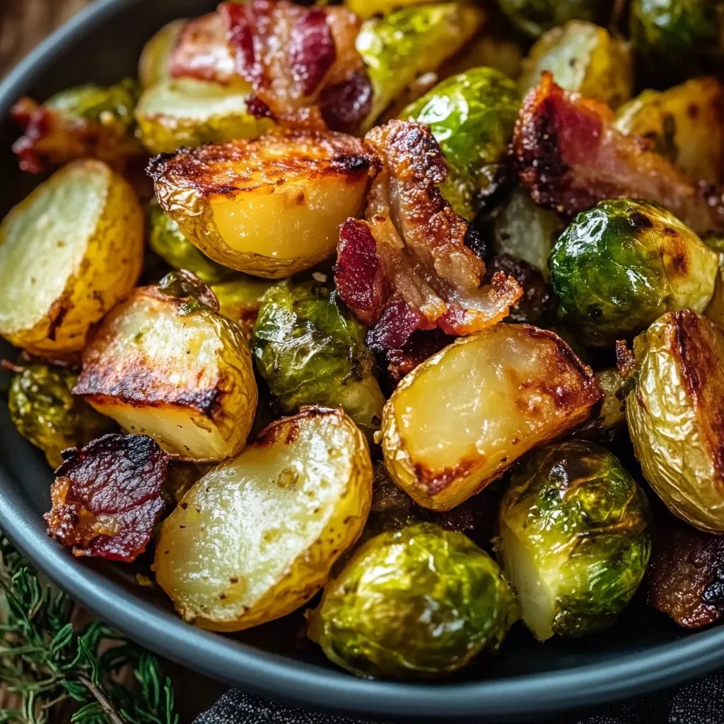 Geroestete Kartoffeln mit Speck & Rosenkohl