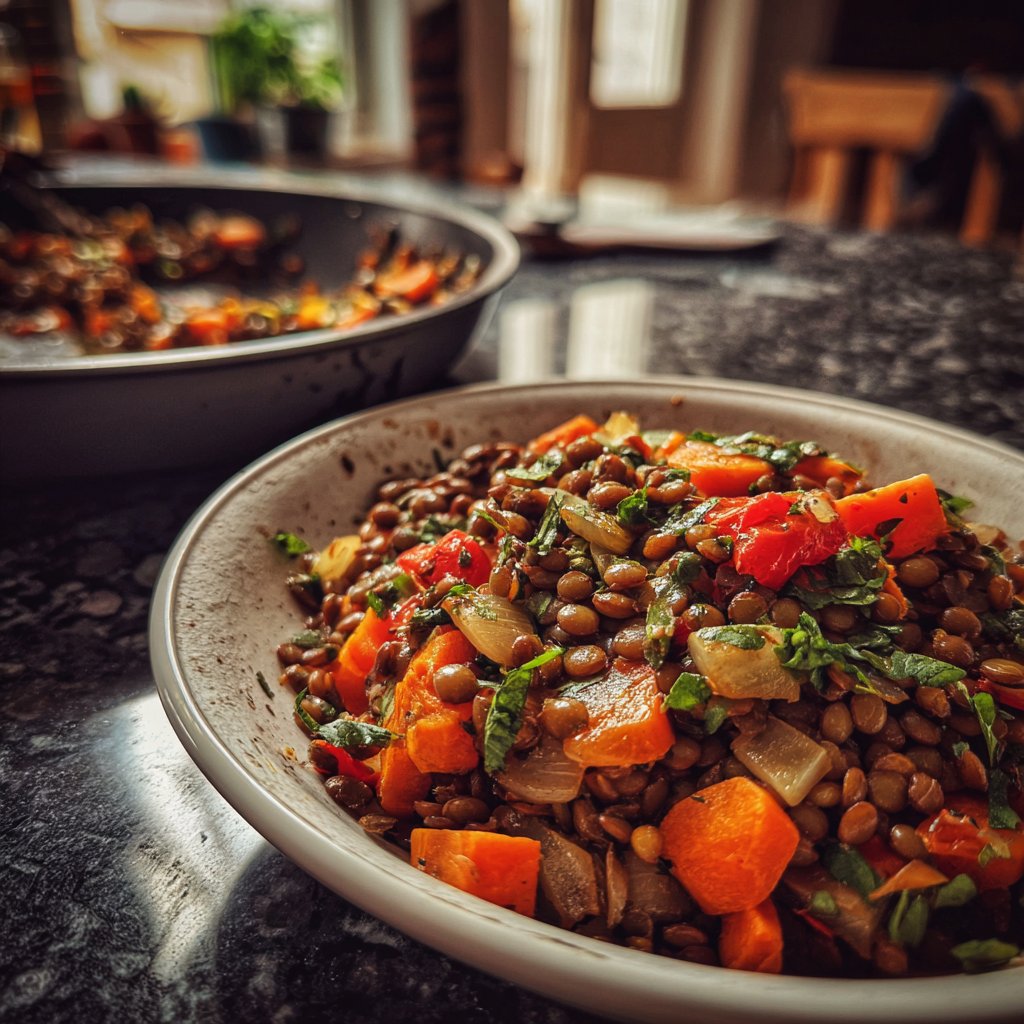Mittagessen mit Linsen und Ofengemüse